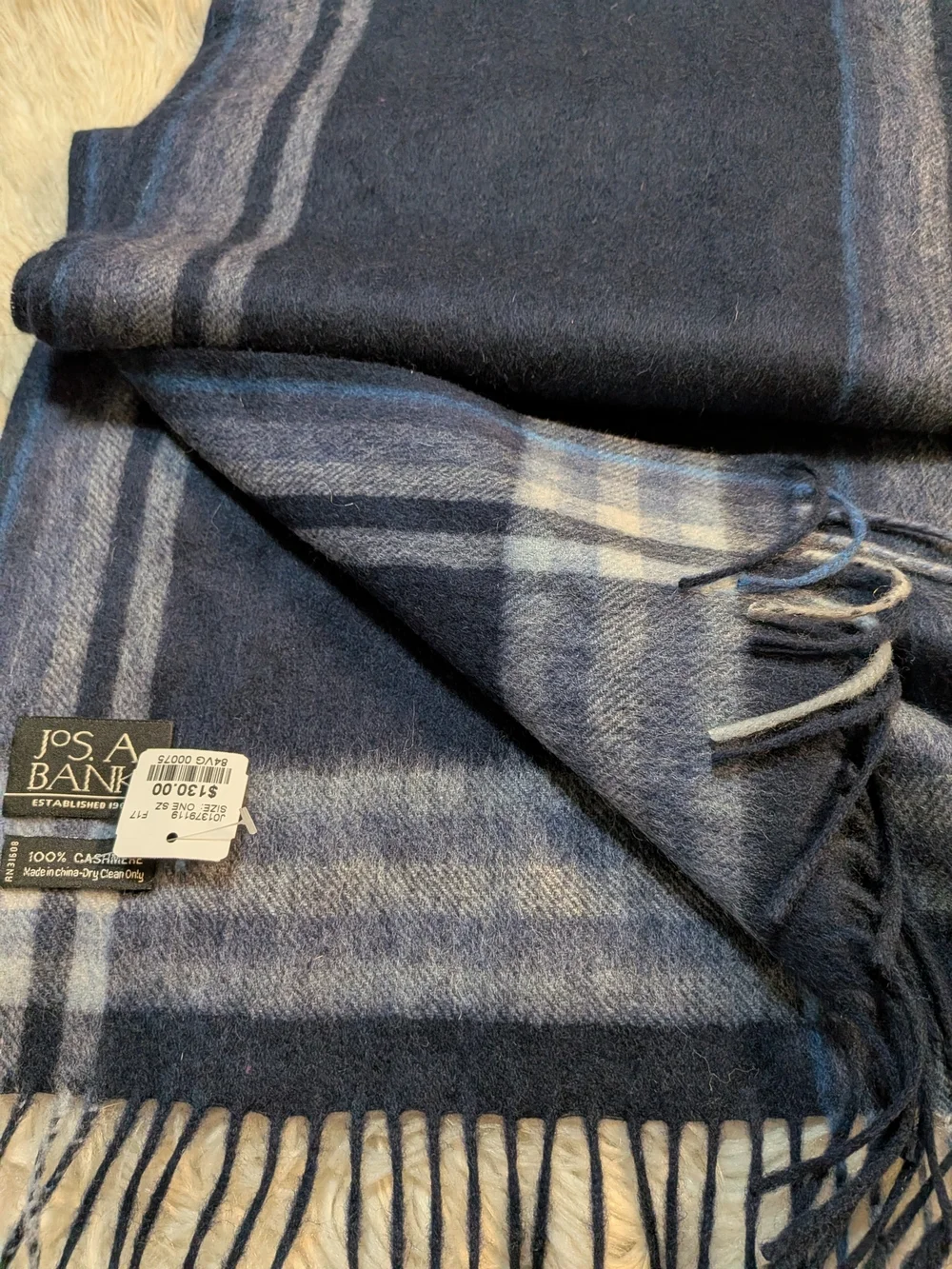 Jos. A. Bank Navy and Gray Plaid Cashmere Scarf